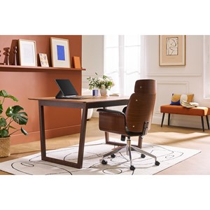 Fauteuil de bureau à roulettes noir, bois foncé noyer et acier chromé elon