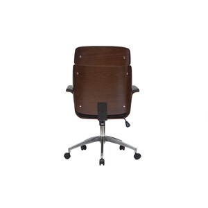 Fauteuil de bureau à roulettes noir, bois foncé noyer et acier chromé elon