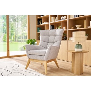 Fauteuil en tissu effet velours texturé gris clair et bois clair brody