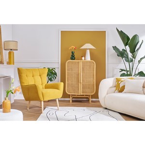 Fauteuil en tissu effet velours jaune moutarde et bois clair avery