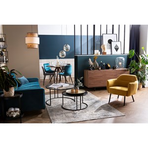 Fauteuil en tissu velours bleu pétrole et métal noir laurens