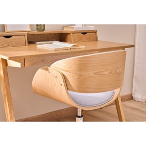 Chaise de bureau à roulettes en tissu gris, bois clair et acier chromé bent