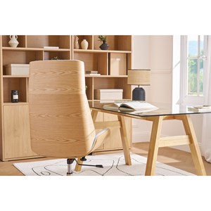 Fauteuil de bureau de direction en tissu gris clair et bois clair curved