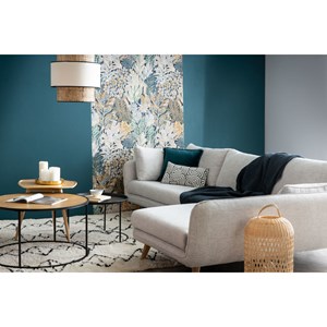 Canapé d'angle droit 5 places en tissu gris clair chiné et bois clair creep