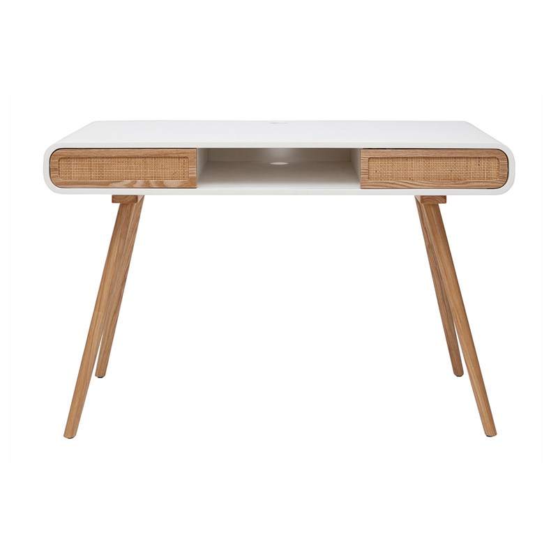 Bureau avec rangement blanc, cannage et bois clair l120 cm olympe