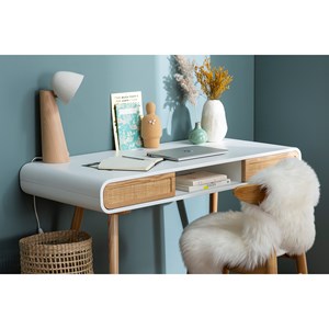 Bureau avec rangement  blanc, cannage et bois clair l120 cm olympe