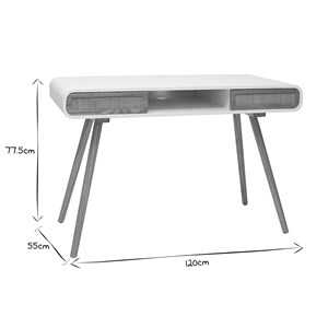 Bureau avec rangement  blanc, cannage et bois clair l120 cm olympe