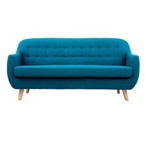 Canapé déhoussable 3 places en tissu bleu canard et bois clair ynok