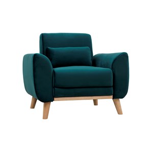 Fauteuil en tissu velours bleu pétrole et bois clair ektor