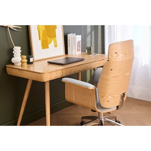Fauteuil de bureau à roulettes en tissu gris clair et bois clair elon