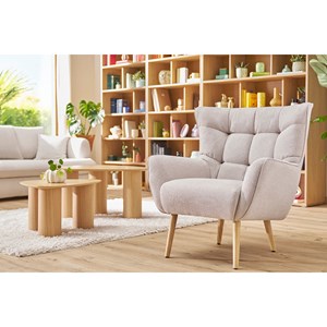 Fauteuil en tissu effet velours texturé beige et bois clair avery