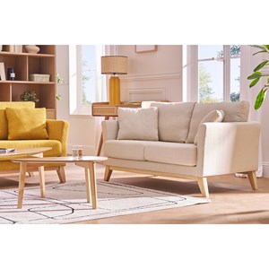 Canapé déhoussable 2 places en tissu beige et bois clair oslo
