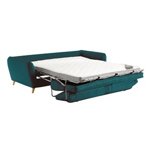 Canapé convertible 3 places en tissu bleu paon et bois clair avec matelas creep