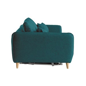 Canapé convertible 3 places en tissu bleu paon et bois clair avec matelas creep