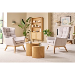 Fauteuil en tissu effet velours texturé naturel et bois clair brody