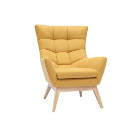 Fauteuil en tissu effet velours texturé jaune moutarde et bois clair brody