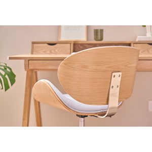 Chaise de bureau à roulettes en tissu gris clair et bois clair walnut