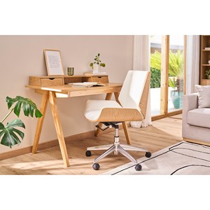 Chaise de bureau à roulettes en tissu gris clair, bois clair curved