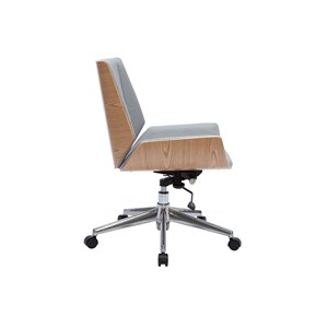 Chaise de bureau à roulettes en tissu gris clair, bois clair curved