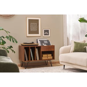 Buffet de rangement vinyles en bois manguier massif et métal l90 cm boogie