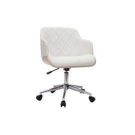 Chaise de bureau à roulettes blanc, bois clair et acier chromé sandro