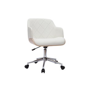 Chaise de bureau à roulettes blanc, bois clair et acier chromé sandro