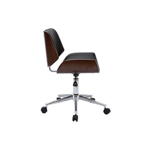 Chaise de bureau à roulettes noir, bois foncé noyer et acier chromé rubbens