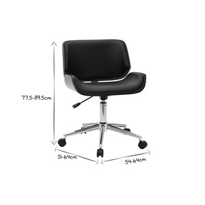 Chaise de bureau à roulettes noir, bois foncé noyer et acier chromé rubbens