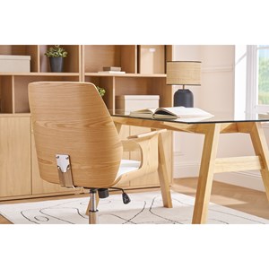 Chaise de bureau à roulettes blanc, bois clair et acier chromé rufin