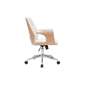 Chaise de bureau à roulettes blanc, bois clair et acier chromé rufin