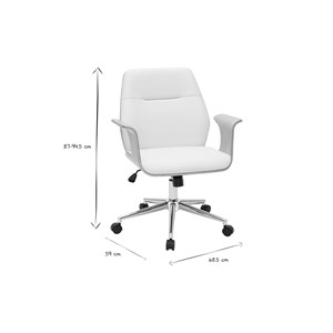 Chaise de bureau à roulettes blanc, bois clair et acier chromé rufin