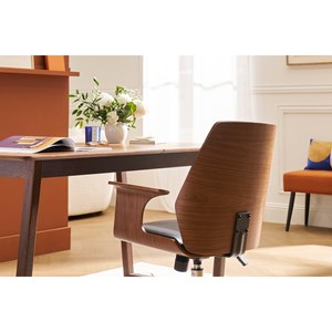 Chaise de bureau à roulettes noir, bois foncé noyer et acier chromé rufin