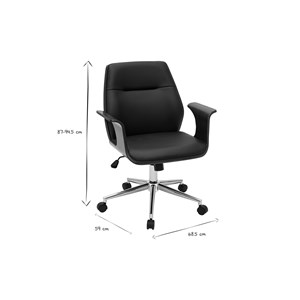 Chaise de bureau à roulettes noir, bois foncé noyer et acier chromé rufin