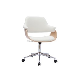 Chaise de bureau à roulettes blanc, bois clair et acier chromé hansen