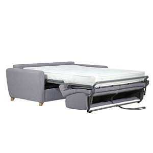 Canapé convertible en tissu gris clair et bois clair avec matelas 18 cm graham