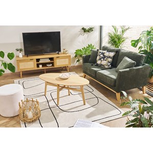 Canapé déhoussable 2 places en tissu effet velours vert kaki et bois clair oslo