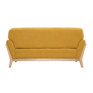 Canapé 2 places en tissu effet velours jaune moutarde et bois clair yoko