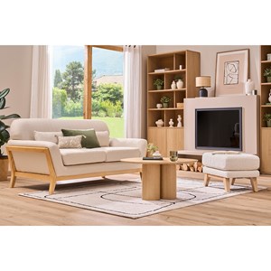 Canapé 2 places en tissu beige et bois clair yoko