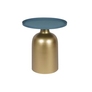 Table d'appoint ronde en métal doré et plateau bleu pétrole mat ramses