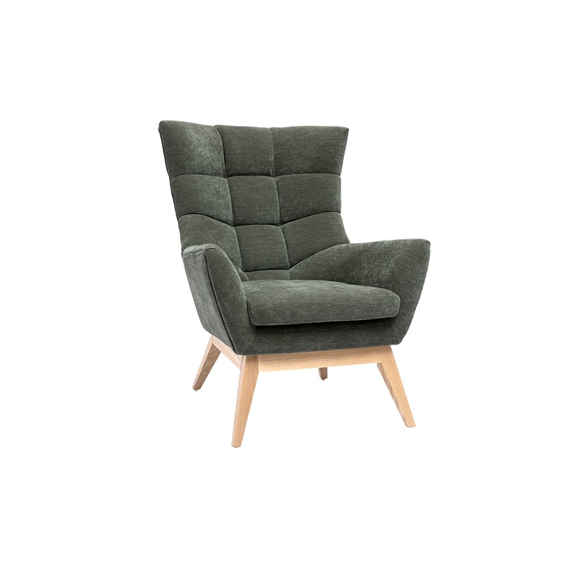Fauteuil en tissu effet velours vert kaki et bois clair brody