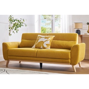 Canapé 3 places en tissu effet velours jaune moutarde et bois clair ektor