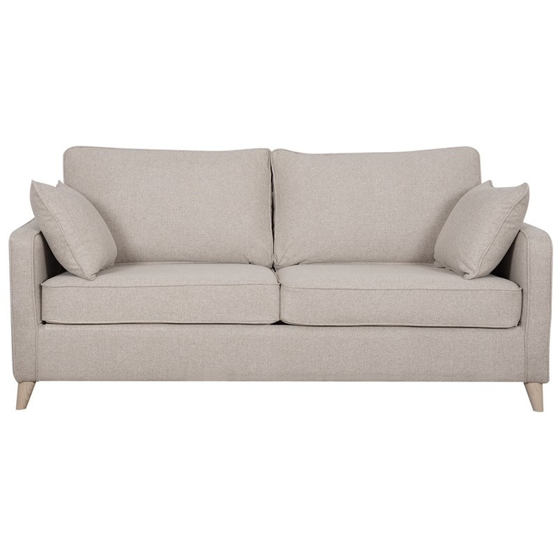 Canapé convertible 3 places en tissu beige et bois clair avec matelas papel
