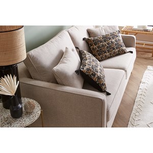 Canapé convertible 3 places en tissu beige et bois clair avec matelas papel