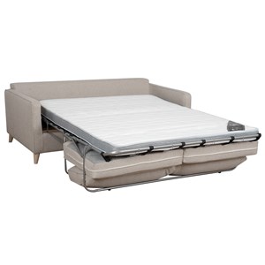 Canapé convertible 3 places en tissu beige et bois clair avec matelas papel