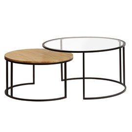 Tables basses gigognes rondes verre trempé, bois manguier massif (lot de 2) tahl