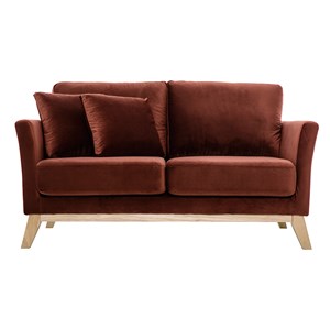Canapé déhoussable 2 places en tissu velours rouge tomette et bois clair oslo