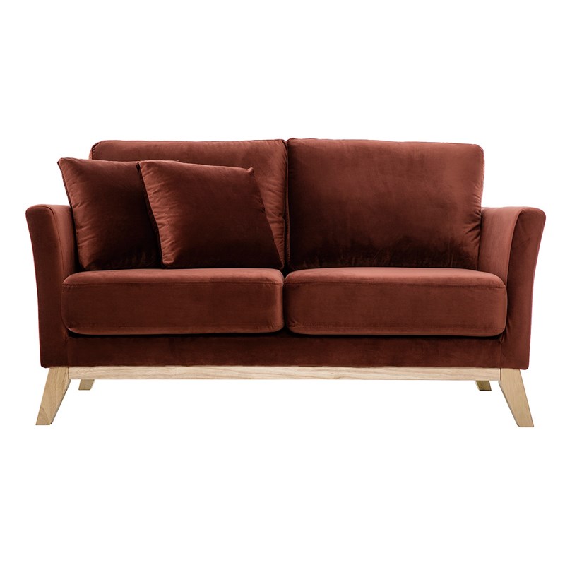Canapé déhoussable 2 places en tissu velours rouge tomette et bois clair oslo