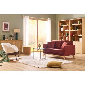 Canapé déhoussable 2 places en tissu velours rouge tomette et bois clair oslo