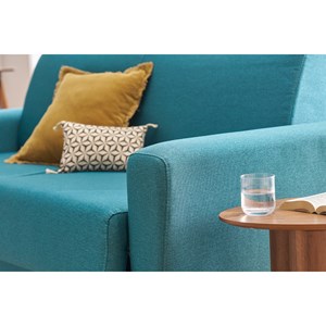 Canapé convertible 3 places en tissu bleu canard et bois clair graham