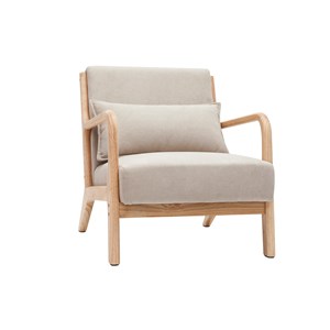 Fauteuil en tissu effet velours beige et bois clair massif derry